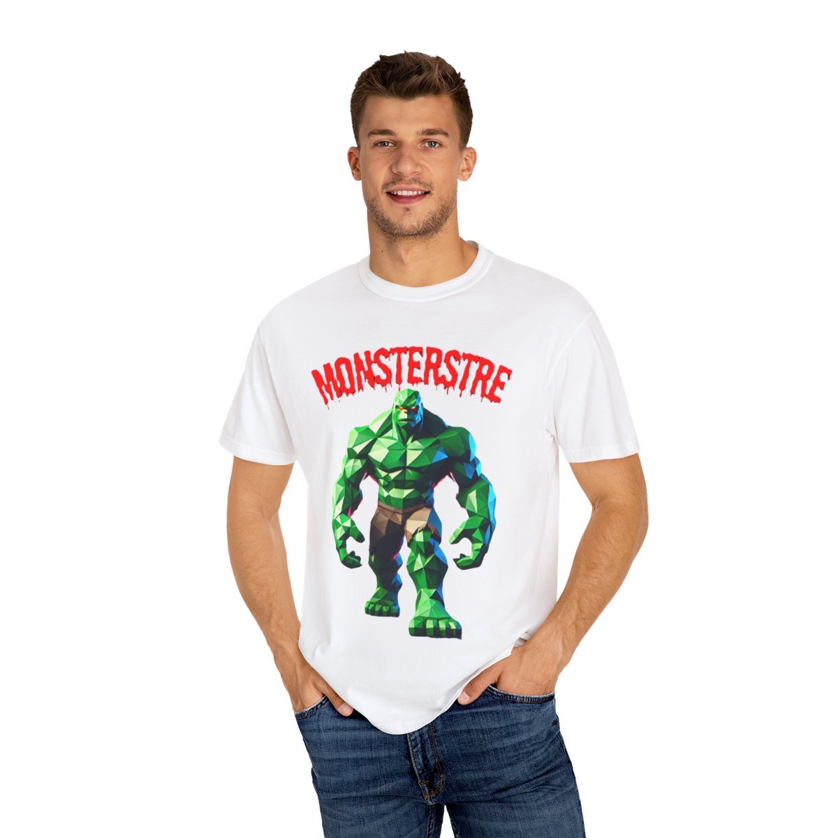 Man wearing white Monsterstre tshirt